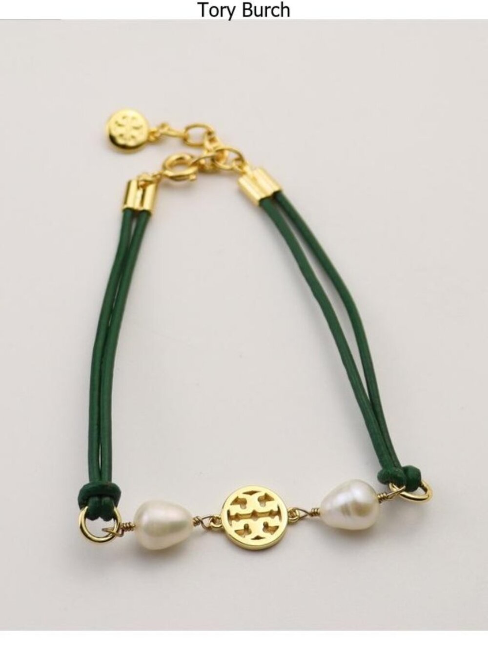 Tory Burch Green Leather Pearl Logo Bracelet